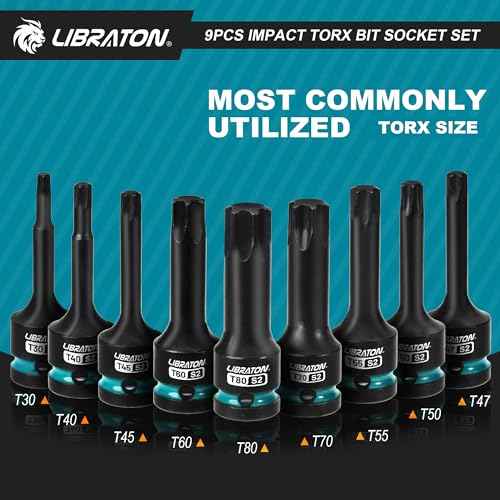 LIBRATON Impact Torx Bit Socket Set, 1/2" Drive, S2 Steel, 9PCS Impact Star Bit Socket Set (T30-T80), High Impact Torx Sockets, XPE Storage, Professional Mechanic and Automotive Repair