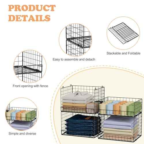 4 Tier Stackable Closet Organizers and Storage Shelves, Foldable Closet Shelf Organizer System, Stackable Storage Bins Drawers for Clothes Organizer System, Black(Patent Pending)