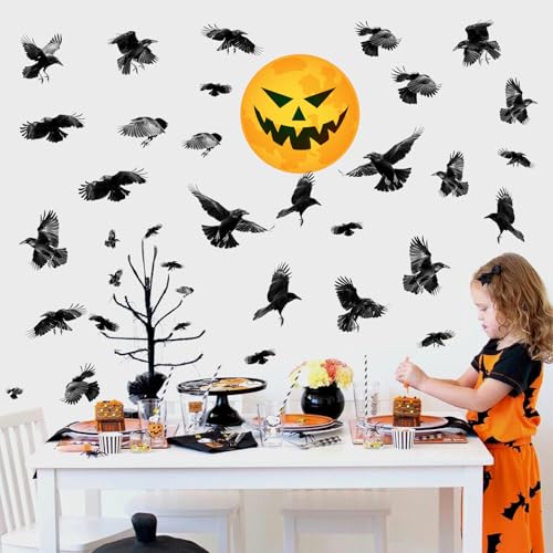 Halloween Decoration Decals for Wall Scary Indoor Halloween Sticker Decor Moon Crow Sticker Halloweens Window Decal Peel and Stick Black Crow Art Murals for Living Room Bedroom Haunted House Supplies