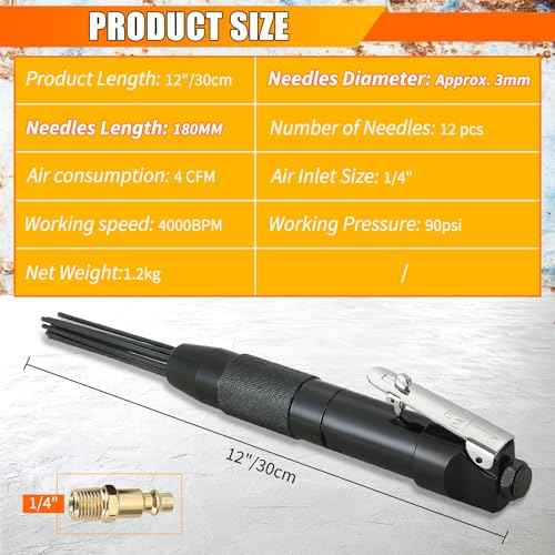 Compact Air Needle Scaler, 1/4" Air Powered Rust Paint Weld Remover Cleaner, 90psi Needle Scaler for Removing Lag Rust Paint and Dirt