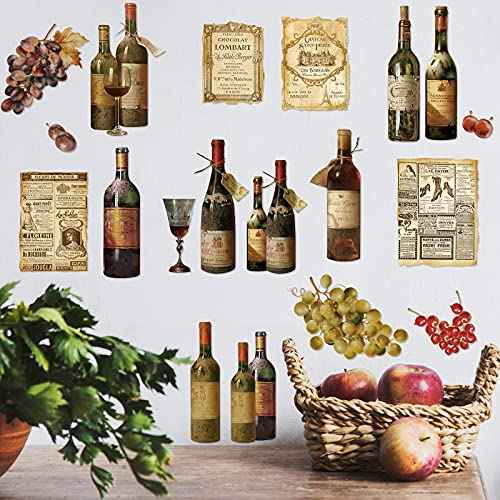 Censen 2 Sheets Wine Wall Decal Stickers Artwork Peel and Stick Wine Bottle Wall Glass Kitchen Grape Fruit Decal Stickers for Kitchen Dining Room Bar Home Restaurant