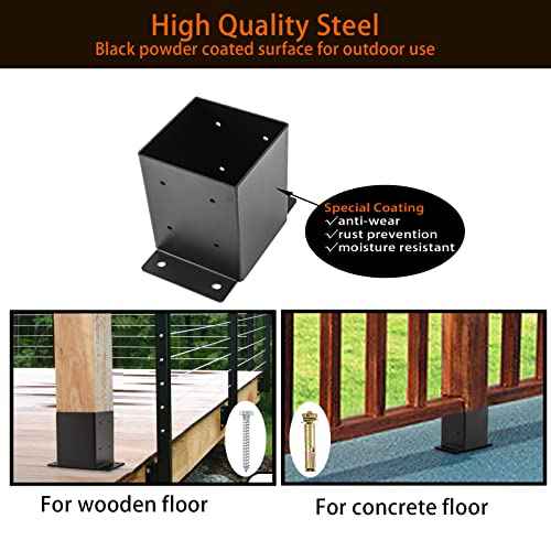 4x4 Post Base, Post Brackets(Inner Size 3.6"x3.6")£¬Black Powder Coated Heavy Thick Steel Fence Post Anchor for Deck Porch Handrail Railing Fence Plate Pergola Support(6 PCS)¡¦¡¦