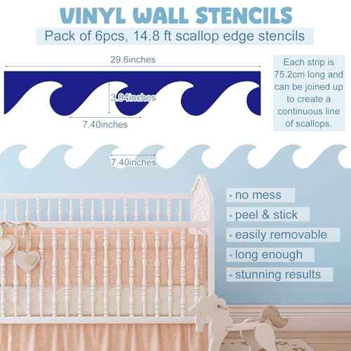 Fuutreo 6 Pcs 14.8 ft Vinyl Sea Waves Stencil for Wall Removable Wave Edge Paint Stencils Self Adhesive Wall Stencil for Home Bedroom Living Room Nursery DIY Painting Decorations