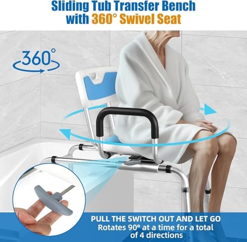 Sliding Shower Chair Tub Transfer Bench with Swivel Seat-Adjustable Height, Padded Armrests & Non-Slip Feet - Shower Chair for Inside Tub, Ideal for Seniors & Disabled