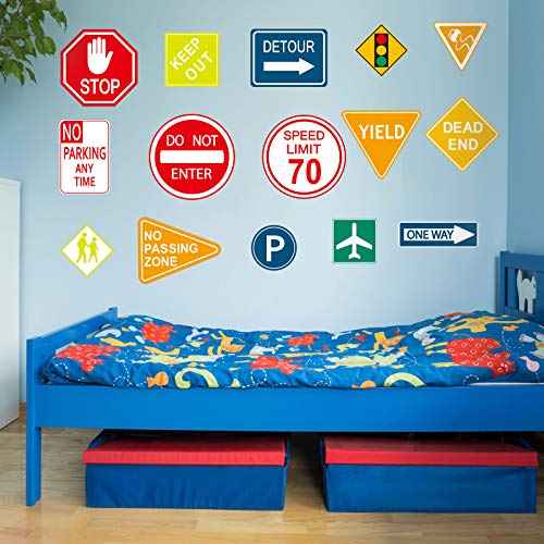 Zonon 15 Pieces Road Signs Wall Decal Traffic Street Signs Stickers Stop Street Transportation Vinyl Wall Decals for Kids Bedroom Classroom Playroom Birthday Decor