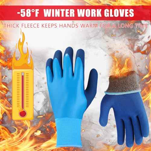 Handepo 6 Pairs Winter Work Gloves for Men and Women Waterproof Thermal Freezer Gloves for Work Below Zero Ice Fishing, Blue (Medium)