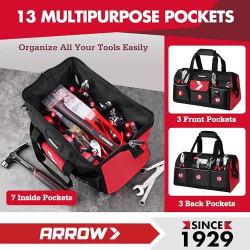 ARROW 16" Tool Bag Organizer with Anti-Slip Feet, Tool Bags for Men Heavy Duty, Wide Open Mouth, Large Capacity with 13 Pockets, Portable Toolbag for Electrician Mechanic Plumber HVAC