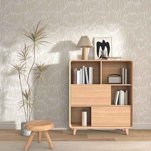 Beige Wallpaper 17.3"¡¿78.8" Modern Striped Peel and Stick Wallpaper Boho Removable Self Adhesive Wall Paper for Bedroom Waterproof White and Gold Contact Paper for Cabinets Vinyl