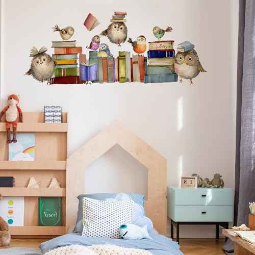 Reading Books Wall Decals,Owl Books Wall Stickers,Peel and Stick Art Wall Decors,Removable Learning Student Artwork,for Kids Bedroom Nursery Playroom Classroom Library Reading Corner Decoration
