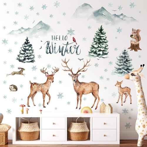 Kajaia Winter Christmas Forest Deer Wall Decals Stickers Woodland Pine Tree Animal Wall Decals Peel and Stick Snowflakes Rabbit Mountain Birds Stickers for Xmas Living Room Holiday Decor