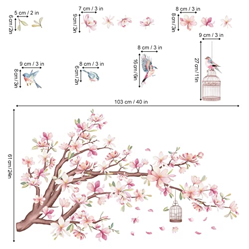 wondever Cherry Blossom Flowers Wall Stickers Pink Magnolia Floral Tree Branch Birds Peel and Stick Wall Art Decals for Living Room Bedroom TV Wall
