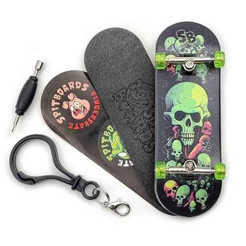 SPITBOARDS¢ç 32 x 96 mm Fingerboard Complete Wood Set-Up Assembled, Silver Trucks with Bushings and Nuts, CNC Bearing Wheels in Transparent Green, Lasered Grip Tape Lime Green Skull and Bones
