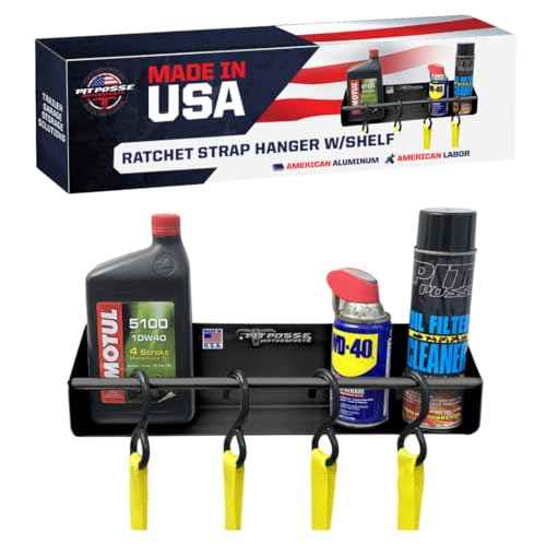 Pit Posse 465BK Tie Down Hanger Holder Storage Rack Organizer for Garage Trailer Shop - Made in USA - Aluminum Ratchet Strap Shelf for Block Garage Wall, Drywall, Wood, or Steel Trailer Studs (Black)