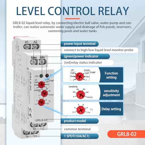 10A Liquid Level Control Relay GRL8-02 AC/DC 24V-240V Water Level Sensor Control Relay with 0.1S-10S Adjustable Time, Automatic UP and Down Liquid Level Controller with 5ft Detector Sensor