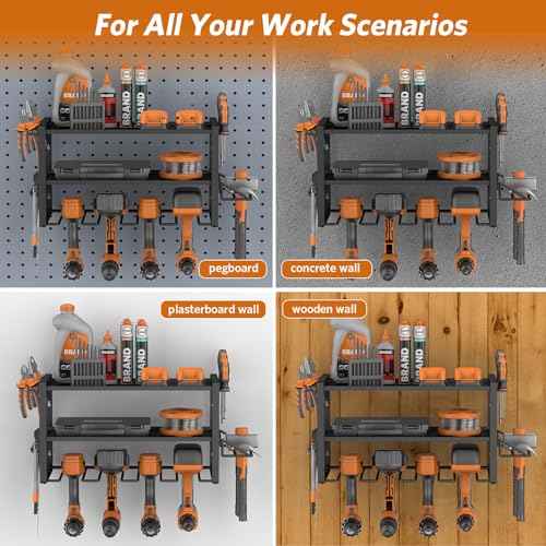 Power Tool Organizer Wall Mount, Drill Holder, Organizers and Storage for Workshop, Garage, Heavy Duty Metal Rack, 4 Drill Holders, 3 Layers, Black