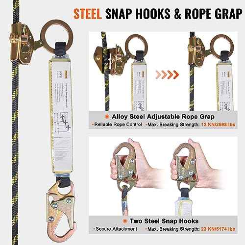 VEVOR Vertical Lifeline Assembly, 0.55'' x 25' Fall Protection Rope with 30 KN Breaking Tension, Polyester Roofing Rope with Steel Snap Hooks, Rope Grab, and Shock Absorber, ANSI Compliant