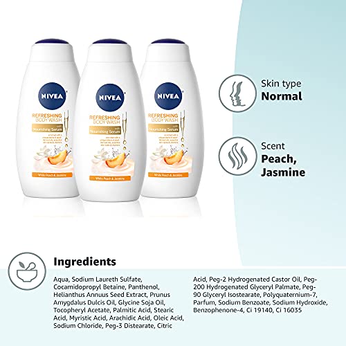 NIVEA Refreshing White Peach and Jasmine Body Wash with Nourishing Serum,Scented Body Wash for Women,Enriched with Provitamin B5 and Vitamin E,20 Fl Oz Bottle,(Pack of 6)