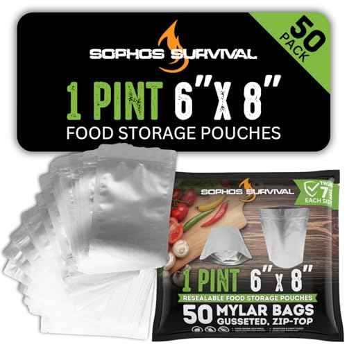 50 Mylar Bags for Food Storage, Airtight 7-Mil Thick Gusseted Zip Lock, Long Term, Reusable, Emergency Food Supply & Freeze Dryer Bags - 1 Pint 6x8 Inch