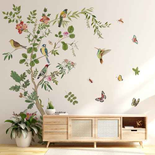 Tree Wall Stickers Branch Bird Wall Decals Green Leaves Flowers Birds Wall Stickers DIY Peel and Stick Waterproof Wall Murals Decor for Living Room Nursery Bedroom (Retro Tree)