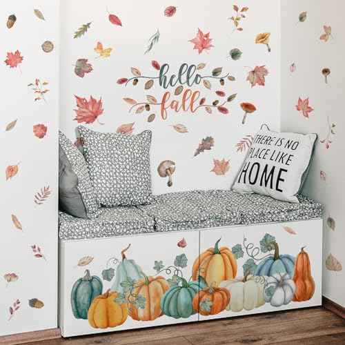 Fall Wall Decals Fall Nuts Pumpkin Maple Wall Stickers Removable Autumn Peel and Stick Sticker Fall Vinyl DIY Wall Art Decals Autumn Party Supplies Home Window Decor