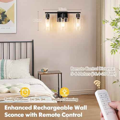 Battery Operated Wall Sconce, 3-Light Black Wireless Rechargeable Vanity Light Fixture with Remote & Bulbs, Dimmable Modern Indoor Non-Hardwired Wall Mounted Lamp for Bedroom, Living Room, Bathroom
