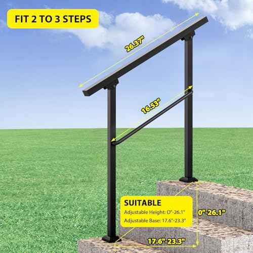 Signstek Handrails for Outdoor Steps, 3 Step Hand Rail Fit 2 or 3 Steps Outdoor Stair Railing, Metal Porch Railing, Deck Handrail, Black Wrought Iron Hand Rails kit for Concrete, Porch Steps, Upgrade