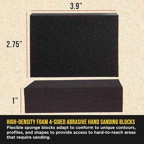 Dura-Gold 220 Grit 4-Sided Hand Sanding Block Sponges, Box of 6 - Performance Flex 3.9" x 2.75" x 1" Wet or Dry Flexible Sandpaper Abrasive Brick Pads, Reusable - Sand Wood, Drywall, Metal, Auto Paint