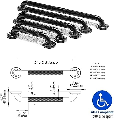 1-1/4" Knurled Grab Bar, ADA Compliant Bath Safety Shower Handrail, Bathroom Mobility Aid Handle for Seniors and Disabled, Heavy Duty 500lbs Support
