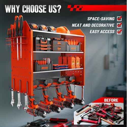 Power Tool Organizer Wall Mount, Garage Tool Organizer with 4 Drill Holders for Cordless Tools.Heavy Duty Drill Holder Wall Mount with Hooks.Red