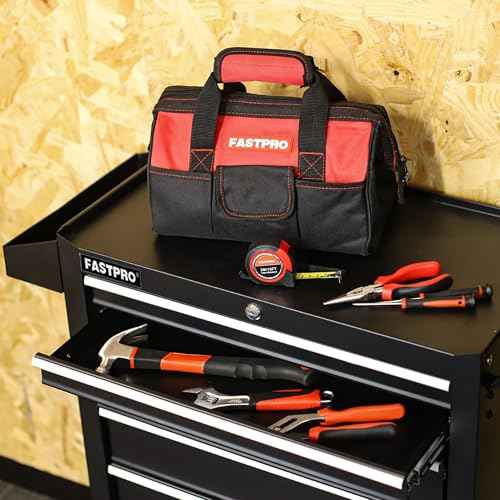 FASTPRO 220-Piece Home Tool Set, Household Repairing Tool Kit with 12-Inch Wide Mouth Open Storage Tool Bag, Red