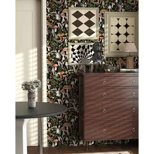 Mushroom Wallpaper Peel and Stick Wallpaper Black 17.7" x 78.8" Self Adhesive Removable Wall Paper Leaf Forest Mushroom Contact Paper for Countertops Decor