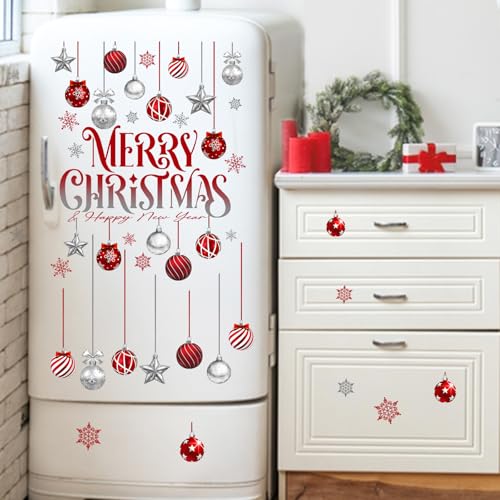 Mfault Merry Christmas Balls Window Clings 4 Sheets, Happy New Year Xmas Snowflake Stars Stickers Decals Decorations, Winter Holiday Home Kitchen Decor