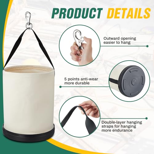 1 Pack Utility Canvas Tool Bucket 15" x 12" All Purpose Canvas Bucket Bag, Truck Tool Organizer with Plastic Bottom Metal Hook for Store Work Accessory, Load Capacity up to 150 Lbs (White)