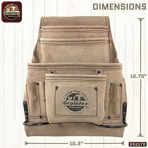 Graintex 10 Pocket Nail & Tool Pouch, Beige Color Suede Leather Tool Bag, Tool Belt for Constructors, Electricians, Handymen, HVAC Tools, Professional Organizer with Adjustable Fit - SS2170