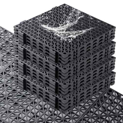 12PCS Interlocking Drainage Mat, 12" x 12" Non-Slip Splicing Rubber Drainage Floor Mats with Holes, Cushioning Floor Tiles Mats for Deck, Pool, Indoor Bathroom & Outdoor Balcony-Black