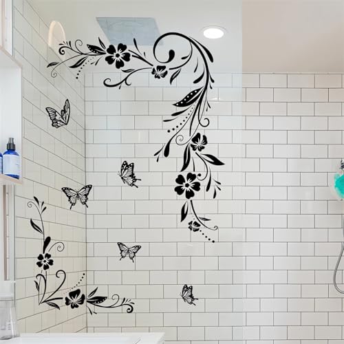 Black Vine Butterfly Flower Wall Stickers, sacinora Simplicity Floral Art DIY Wall Decals Removable Vinyl Peel and Stick for Bathroom Living Room Bedroom Home Decorations