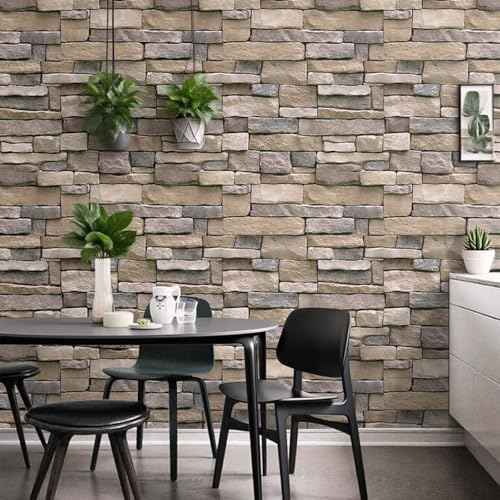 Yancorp 18"x120" Brick Wallpaper Peel and Stick Modern Stone Contact Paper Backsplash Self-Adhesive Wall Paper Kitchen Bedroom Accent Wall Brown Beige Removable Wallpaper