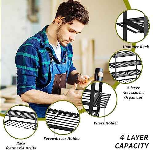 KAFAHOM Power Tool Organizer,4 Layer Drill Holders Wall Mount,Heavy Duty Metal Organizers and Storage Rack for Garage Organization,Tools Shelves with Screwdriver Plier/Hammer Holder, Black