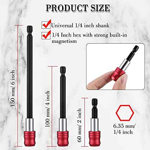 Honoson 6 Pieces Drill Bit Extension Magnetic Screwdriver Bit Holder Impact Driver Set Bar Socket Chuck Adapter 1/4 Inch Hex Shank Power for Screws Nuts Drill