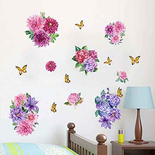 Wall Peony Butterfly Decals, Peony Rose Lavender Butterfly Flower Wall Stickers Flowers Decals Self Adhesive Removable Art Murals, Floral Peonies Walls Decal Stickers Walls Decor