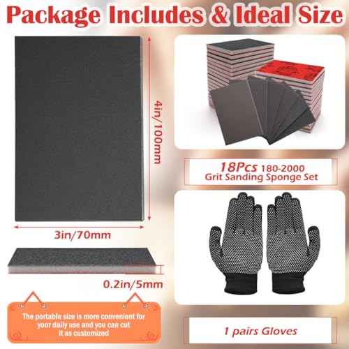 18 Pcs 180-2000 Grit Sanding Sponge Set with Gloves, COITEK 3 x 4 Inch Soft Foam Hand Sander Block Wet Dry Sandpaper, Sanding Sponges Assortment Pads for Polishing Model Drywall Metal Wood Furniture