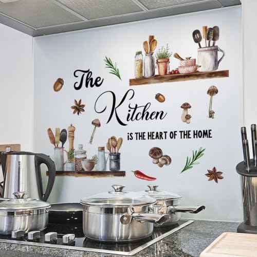 Kitchen Themed Wall Decal 'The Kitchen is The Heart of The Home' Quote with Cooking Elements s Design, Easy Peel & Stick Removable,DIY Wall Sticker Perfect for Kitchen,Living Room and Nursery D?cor