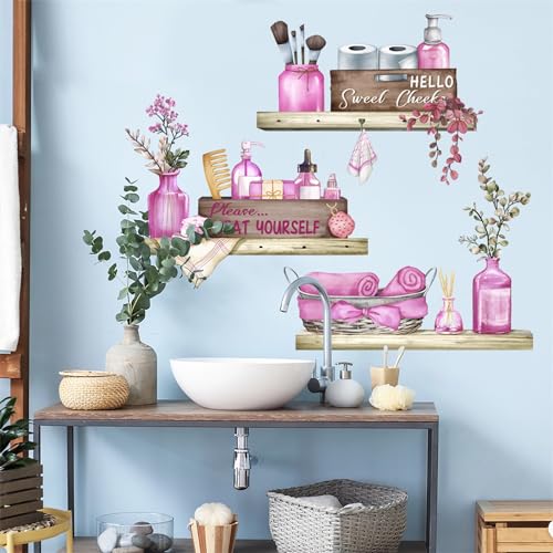 Pink Towel Shelf Wall Stickers, sacinora Cosmetic Brush Organizer DIY Wall Decals Removable Vinyl Peel and Stick for Girls Women Bathroom Restroom Toilet Art Home Decoration