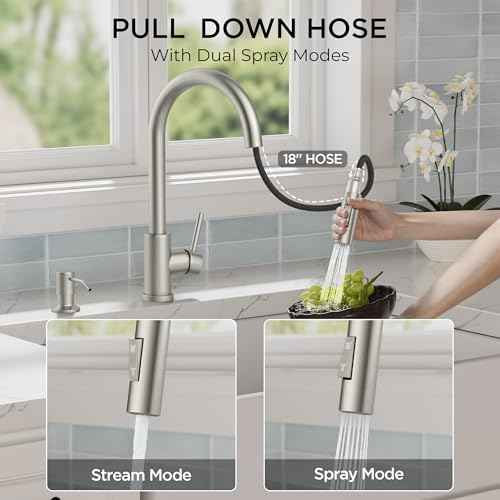 FORIOUS Kitchen Faucet with Pull Down Sprayer, Classic Single Hole Kitchen Sink Faucet with Deck Plate, Brushed Nickel Single Handle, High Arc Stainless Steel for RV Bar Farmhouse Laundry Outdoor