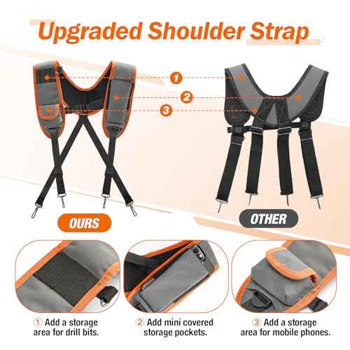 Puratalon Tool Belt Suspenders Padded Carpenter for Men, Detachable & Adjustable Electrician Tool Belts with 24-Pocket for Framers, Roofing, Contractor, 32''-66", Grey and Orange