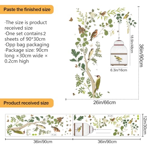 Removable Tree Bracnch Wall Decal Fresh Plant Leaves Wall Sticker Birds and Hanging Birdcage Wall Decor for Kids Girls Baby Boys Bedroom Living Room Bathroom Playroom Classroom Nursery Decoration