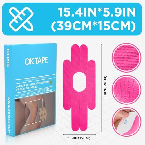 OK TAPE One-Structure K-Tape Patches | Precut for Knee Kinesiology Tape | Pain Relief and Accessories | 10 Pcs and Pink
