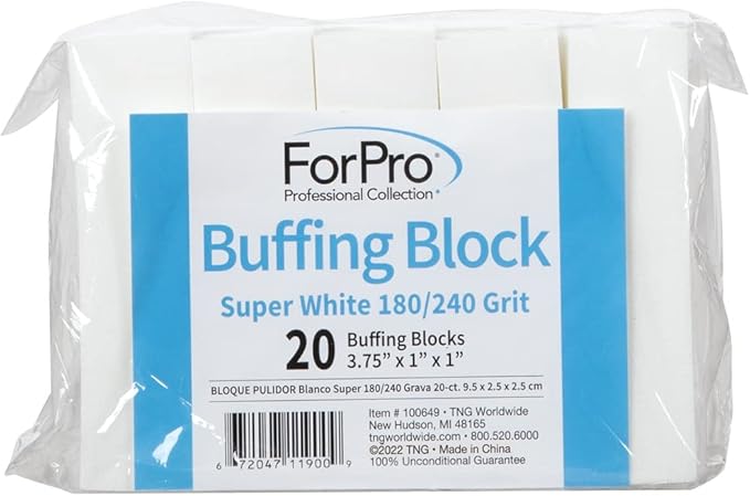 ForPro Professional Collection Buffing Block, Super White, 180/240 Grit, Four-Sided Manicure and Pedicure Nail Buffer, 3.75" L x 1" W x 1" H, 20-Count