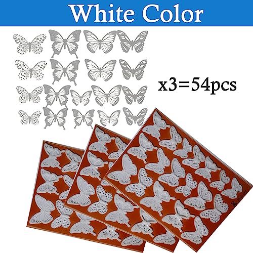 Ewong 54Pcs White 3D Butterfly Wall Decor - Butterfly Decoration Party Cake Decorative - Removable Waterproof Wall Decal Birthday Home Room Decor Bathroom Bedroom Sticker & Murals