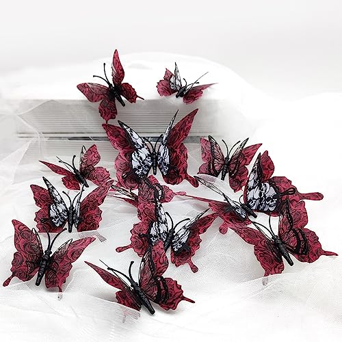 24 Pcs Halloween Wall Stickers - 3D Double-Layer Butterfly Wall Decor & Window Decals for Home Room Art DIY Decoration (Red & Black, Removable)
